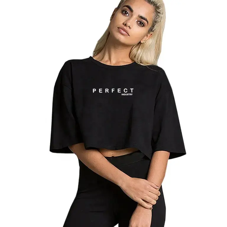 Perfect Industry 2023, camisetas para mujer, manga corta, cuello redondo, 100% algodón, Camiseta básica, Camiseta corta Lisa negra en blanco para mujer