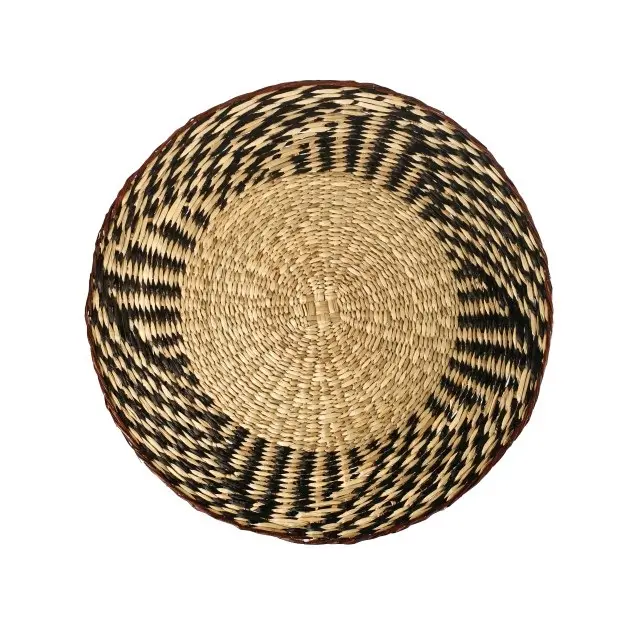 Hot item beautiful round handmade rattan eco-friendly wall hangings home decor with black flower patterns made in Vietnam
