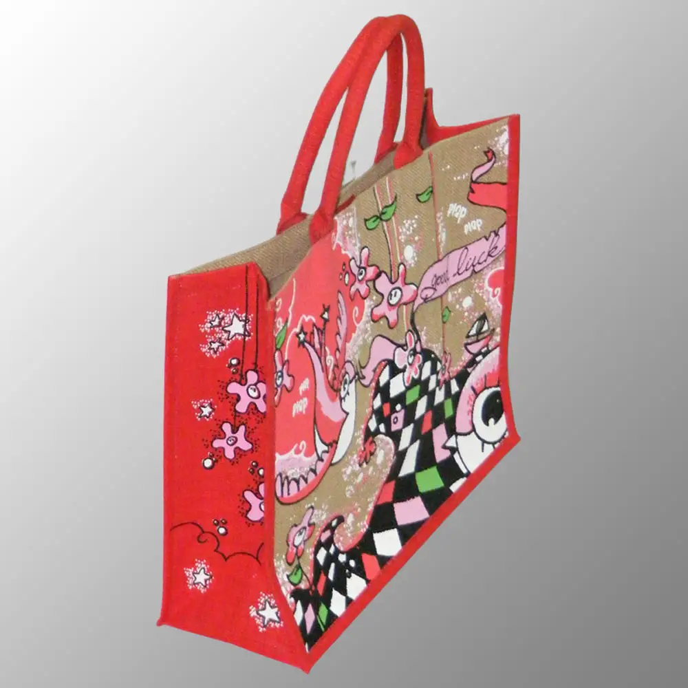 Bolsas de compras de yute serigrafiadas multicolor con asas de algodón personalizadas en su marca