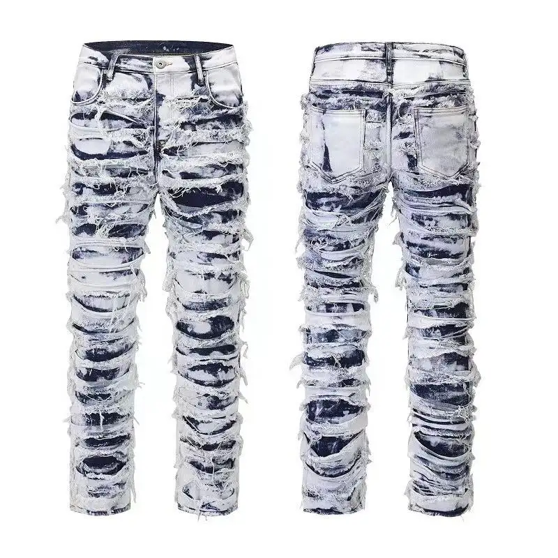 Nova venda inteira TRABALHO estilo personalizado denim jeans angustiado moda empilhados jeans homens