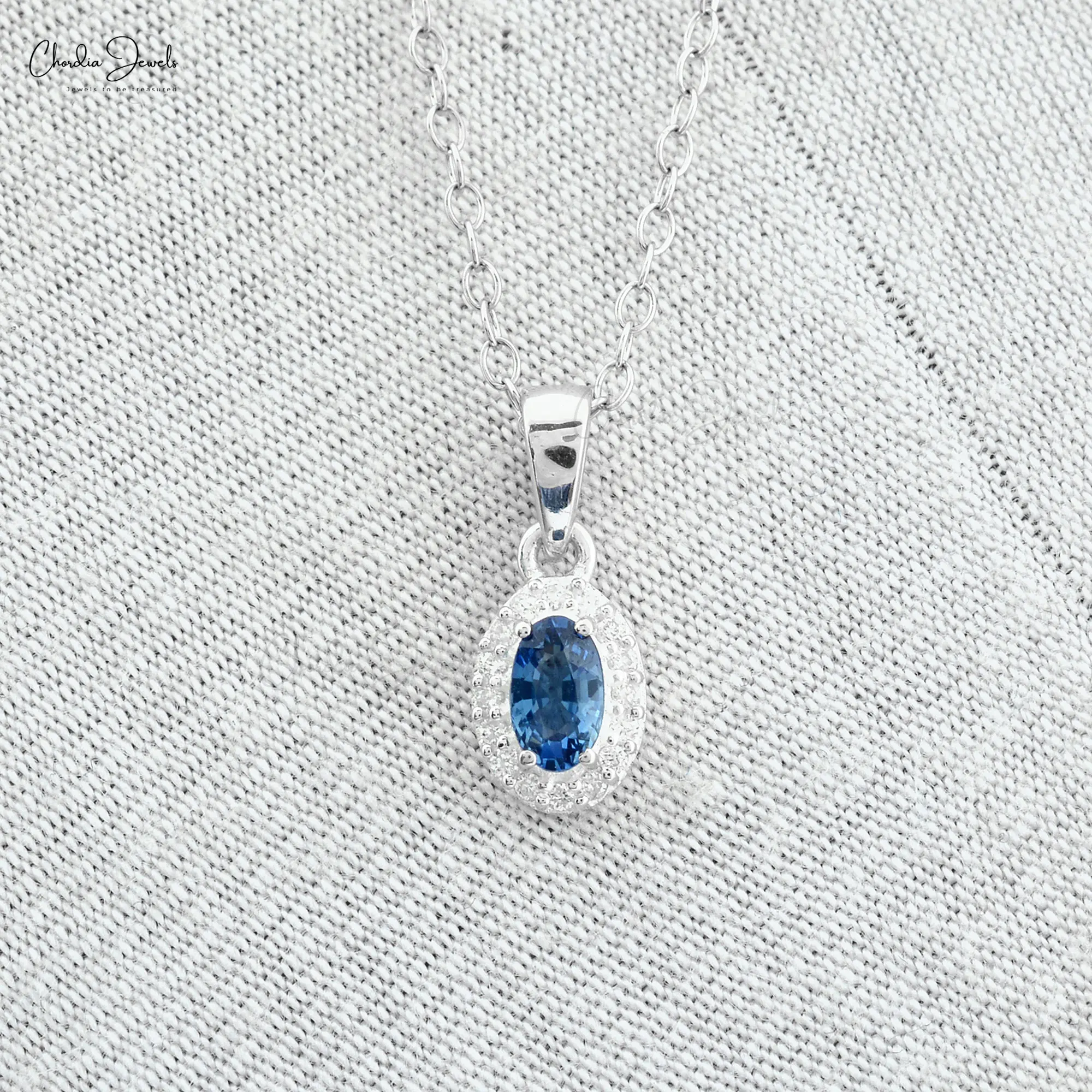 Wholesale Price Genuine Blue Sapphire Pendant 14k Solid White Gold Diamond Halo Pendant 5x3mm Oval Gemstone Jewelry For Women