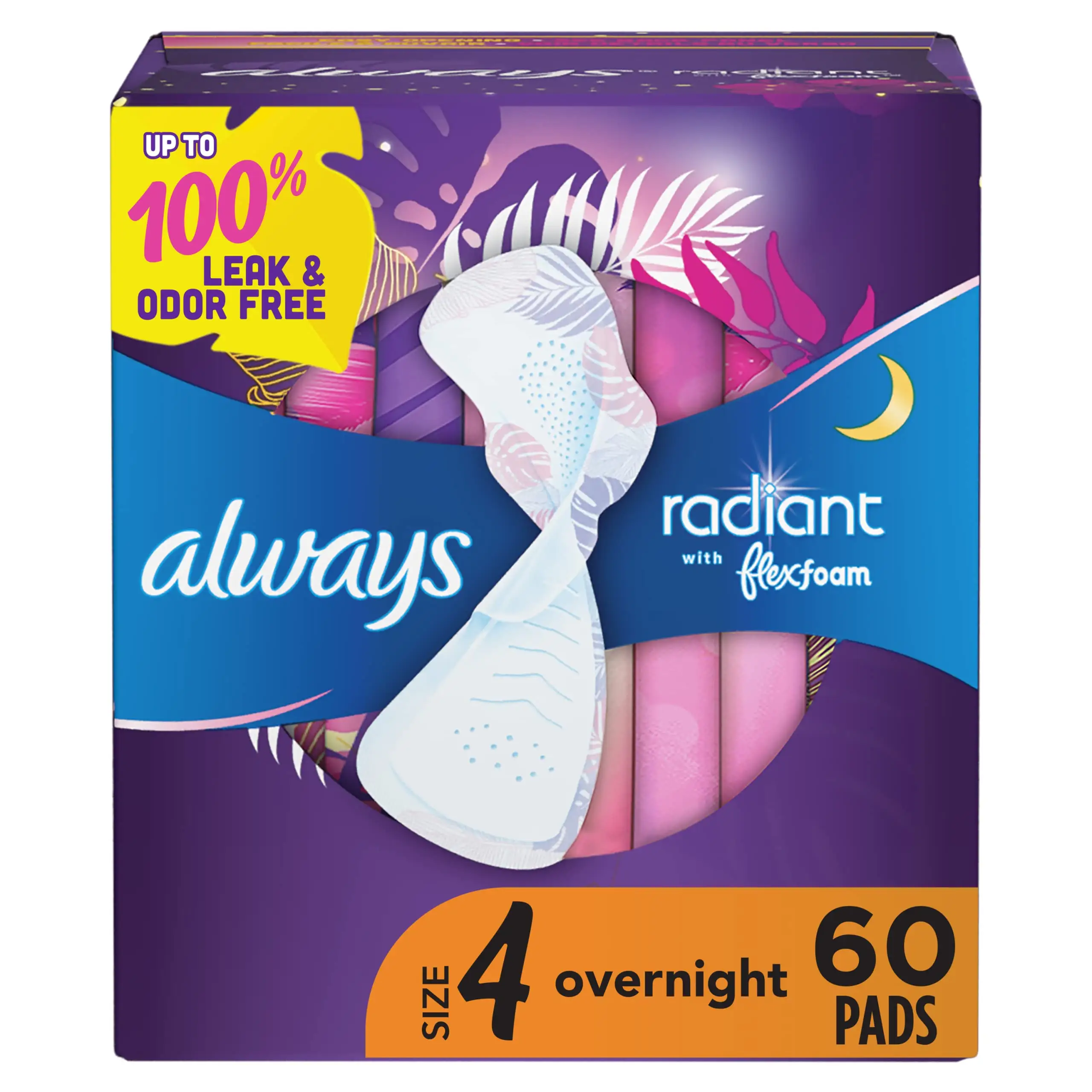Always Radiant Feminine Pads For Women, Size 4 Overnight Absorbency, Multipack, With Flexfoam, With Wings, Scented, 20 Count x 3