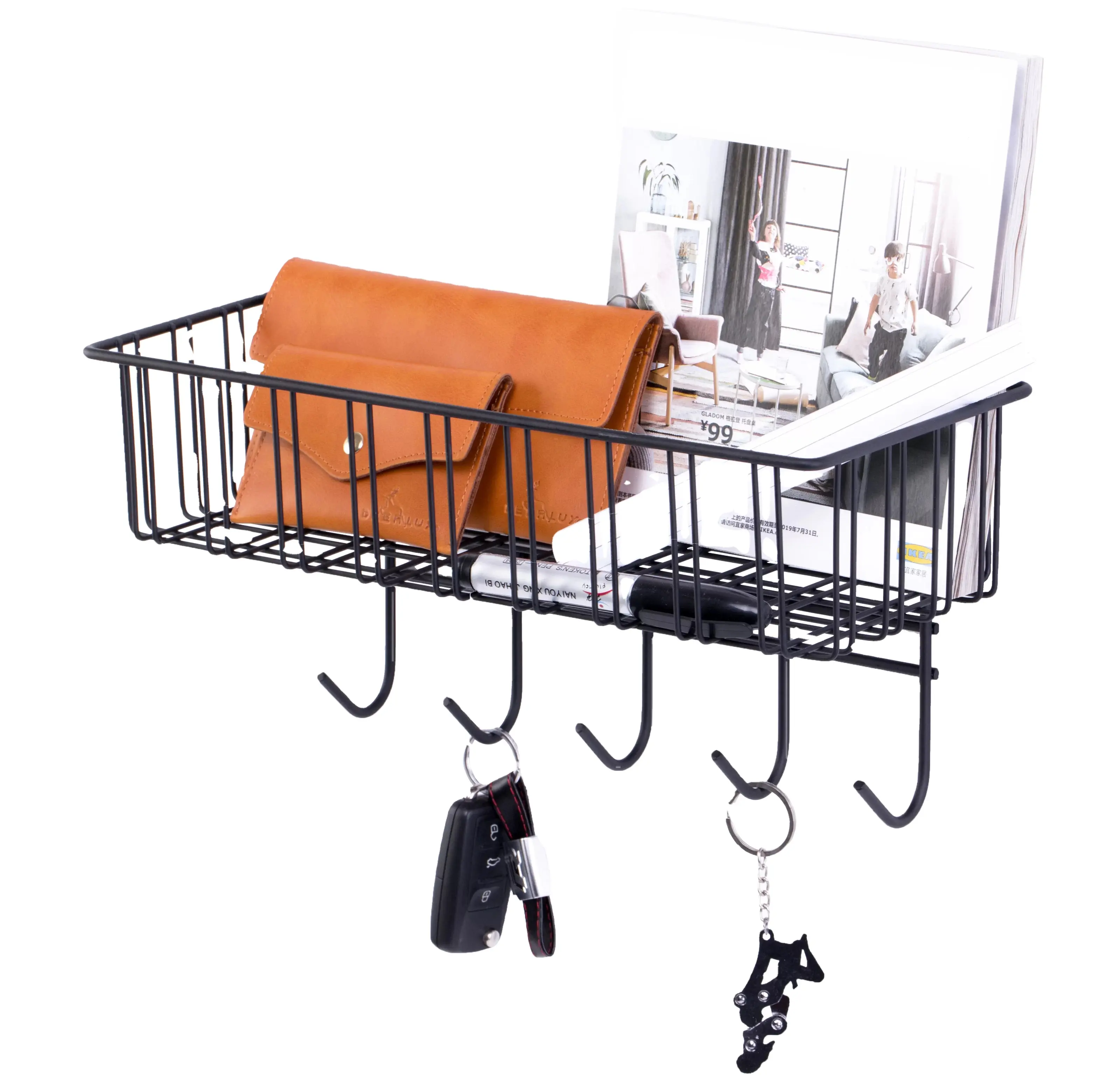 High Quality Iron Wrought Mail Sorter Organizer Wall Mounted Mail Holder with 4 Key Hooks metal wall decor