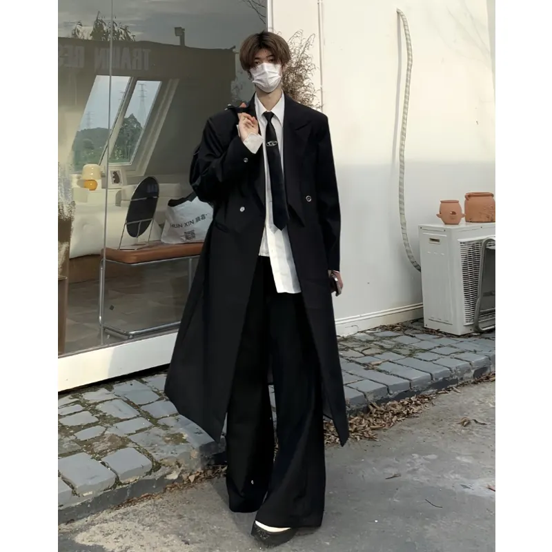 Style coréen niche style long blazer manteau hommes coupe ajustée trench-coat haut de gamme hommes noir maxi pardessus streetwear