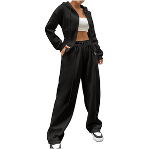Kadın setleri özel Logo gevşek Streetwear moda rahat iki parçalı Set fermuarlı kapüşonlu kıyafet ve ter pantolon boy tam boy