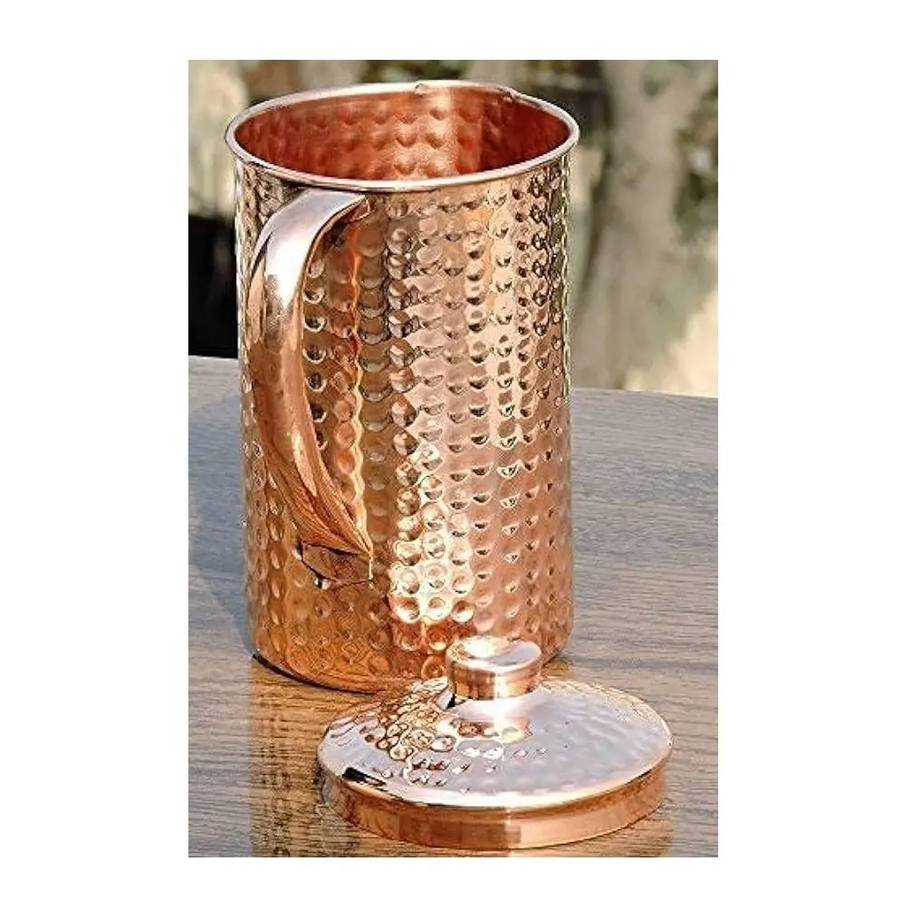 Jarra de agua de cobre liso hecha a mano de mesa de lujo con acabado superior con tapa y asa para restaurante y uso de Bodas de regalo
