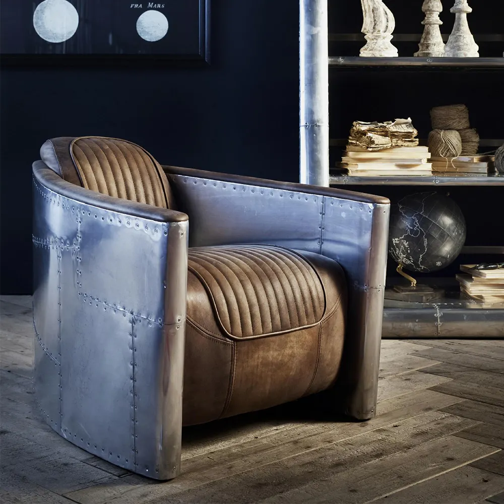 Fauteuil aviateur Vintage en cuir véritable noir avec repose-pieds, Style Loft industriel