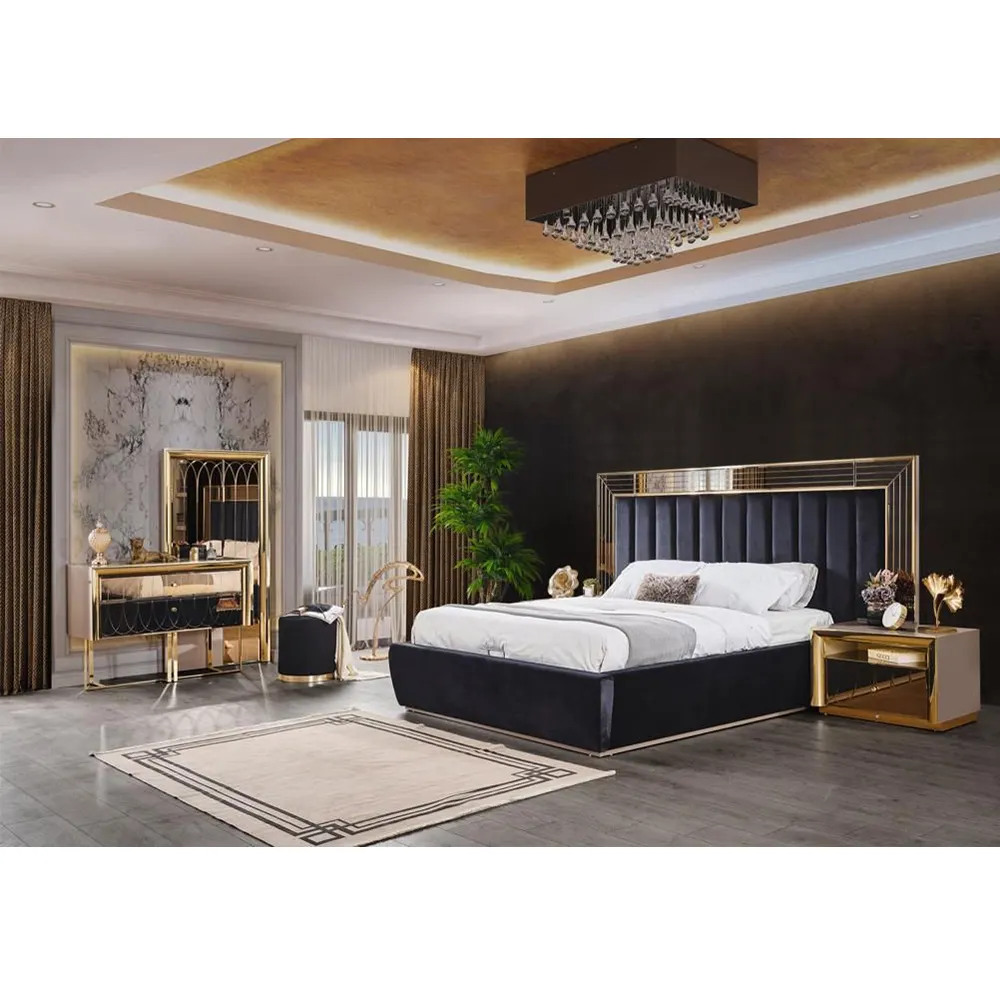 Set di mobili moderni lussuosi italiani per la camera da letto realizzati in Turchia, testiera dello specchio di mobili turco bianco lucido