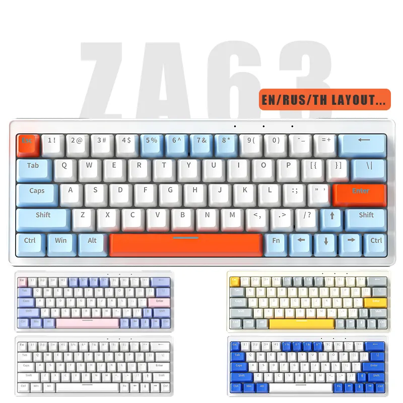 ZIFRIEND ZA63 2.4G sans fil 60% clavier échange à chaud jaune commutateur rvb rétro-éclairé clavier de jeu mécanique russie disposition 63 touches