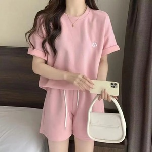 女性用女性用スポーティなトラックスーツセットハイウエスト半袖Tシャツドローストリング付き弾性ウエストショーツ女性用