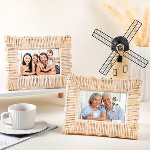 Juego de marcos de fotos rústicos tejidos a mano de 4x6 pulgadas, marcos de fotos de mesa de ratán para decoración del hogar, regalo de amigos