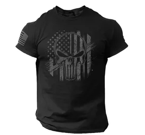 男性用100% コットンスリムフィットTシャツアメリカ国旗スカルジムティーデジタル印刷 - Product Image 1