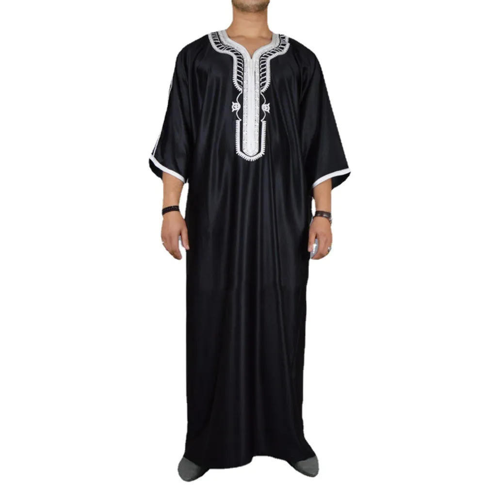 2023เสื้อผ้าอิสลามแขนยาวสำหรับผู้ชายปักสีดำย้อมสี