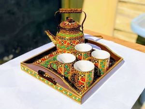 スワティ伝統芸術手描きセラミックカップとスチールティーポットセット、ケトルセット付き手描きデザイナーセラミックティーカップセット - Product Image 5