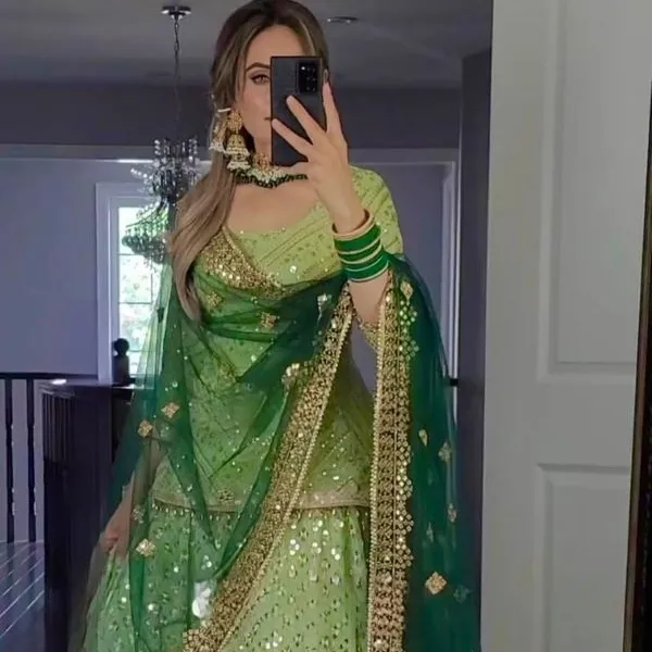 Nhà thiết kế lehenga trong phong cách lạ mắt hoàn toàn khâu bên mặc váy thêu trình tự công việc hàng đầu váy dupatta màu sắc đẹp