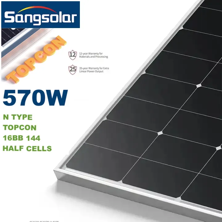 SANGSolar Top-con tipo N paneles solares Panel fotovoltaico de mayor eficiencia renovable panel solar 570W 600W Precio de celda potente