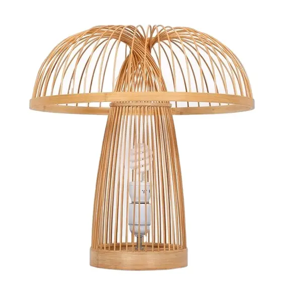 Lampada da tavolo in vimini di bambù a forma di fungo all'ingrosso grande con Base in legno per la decorazione della camera da letto dal vietnam