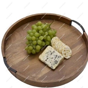 不同尺寸带孔手柄圆形复古竹木托盘早餐派对饮料小吃白酒服务拼盘