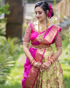 חדש הודי אתני אופנתי Kanjeevaram משי חצי Lehenga סארי עם Banarasi משי Dupatta מדי פעם ללבוש לנשים במחיר נמוך
