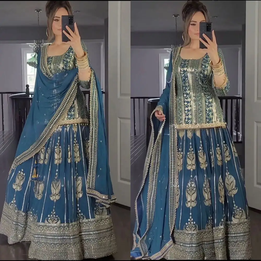 Etnis India Pakistan Lehenga & Dupatta Georgette dengan urutan kerja penuh jahitan pesta gaun grosir produsen