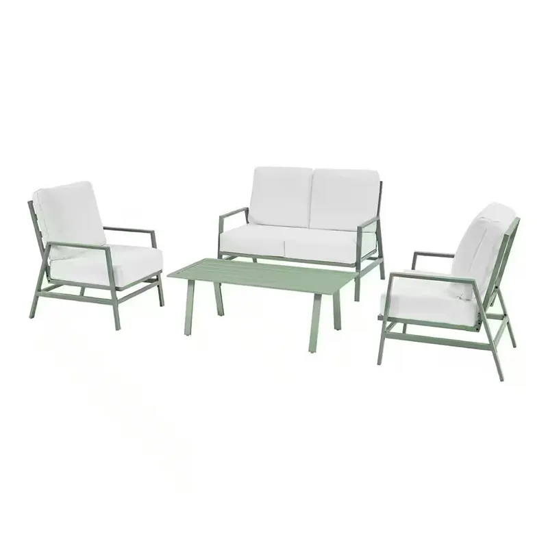 Set Chat da esterno in metallo 4 pezzi con cuscini bianchi luminosi Set di coperture in acciaio da giardino Set di mobili da esterno divano
