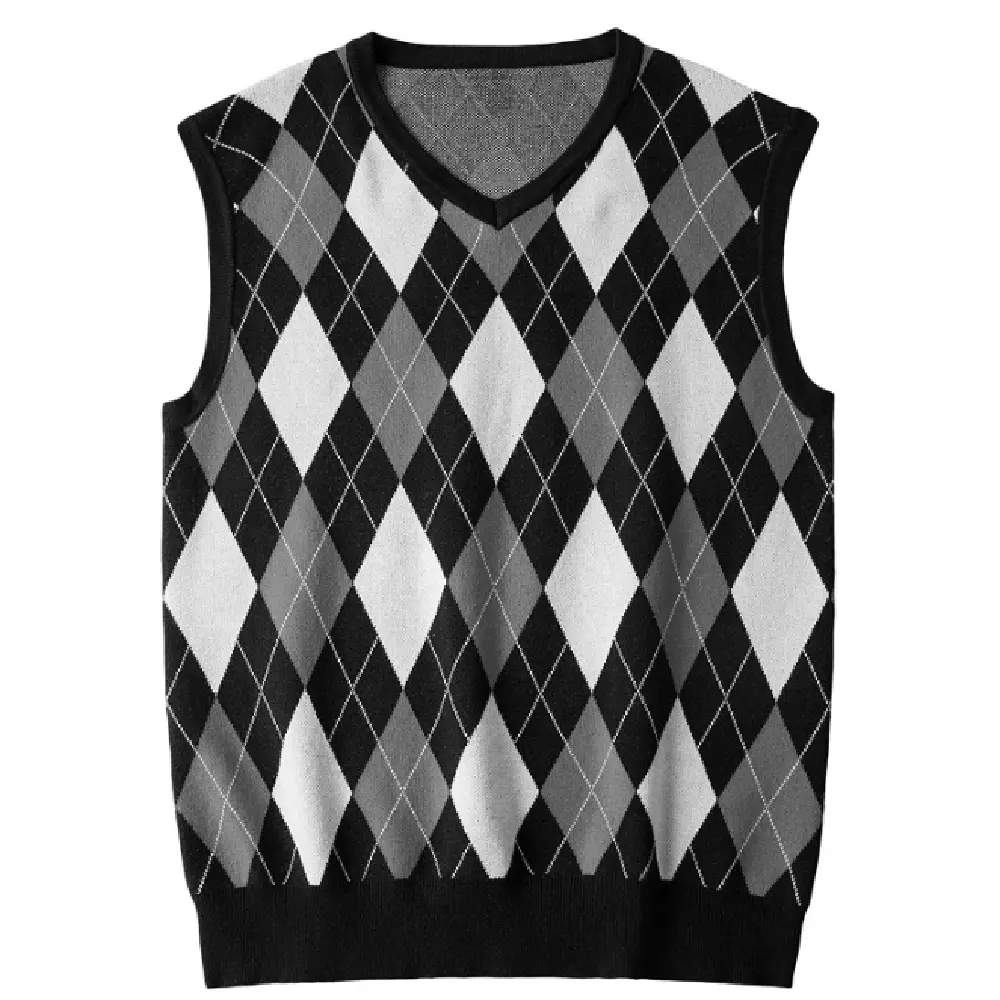 Men's Unique Design Sleeve Less Argyle Pullover Sweater V Neck Hand Knitted Direct Factory Made Winter Fashion For Men