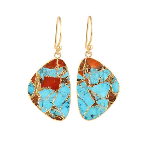 Hot Sale Mohave Red Copper Turquoise Fancy Shape Earrings 24k Gold Plated Ear Wire Drop Dangle Earrings Hanging Dangle Earrings