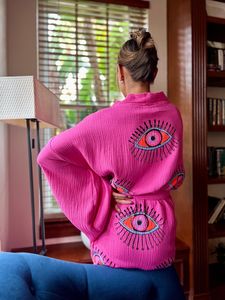 豪華な綿100% ローブフルスリーブ美しい手刺繍作業無地ピンク色フロントオープンプラスサイズリゾートウェア着物