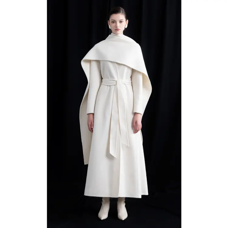 Casaco longo para mulheres com cinto, casaco luxuoso branco caxemira, casaco longo em tecido caxemira 20% caxemira 80% lã, novo estilo