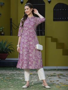 设计师手工印花人造丝库尔提女性美丽出口印度和巴基斯坦服装适用于所有场合 - Product Image 3