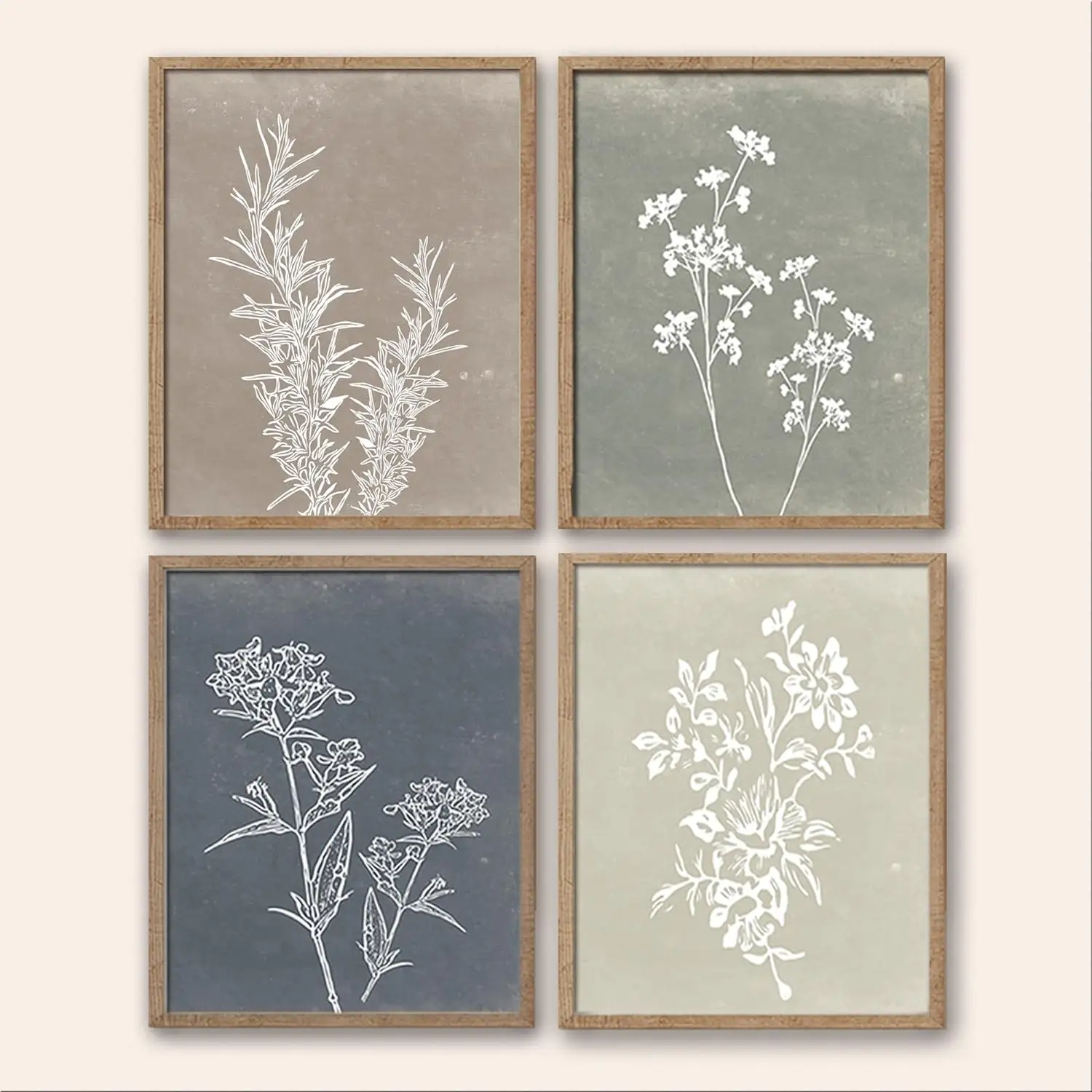 Set di 4 Wall Art Boho con cornice per arte della parete con stampa botanica minimalista in legno per parete della cucina di casa della fattoria Vintage rustica