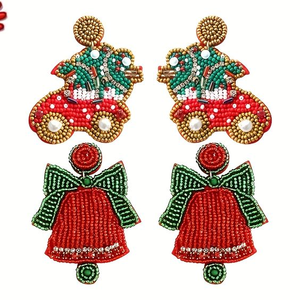 Noel ağacı tasarım tohum boncuk küpe kırmızı yeşil festivali takı yıldız desen ile armut ve elmas taş içeren