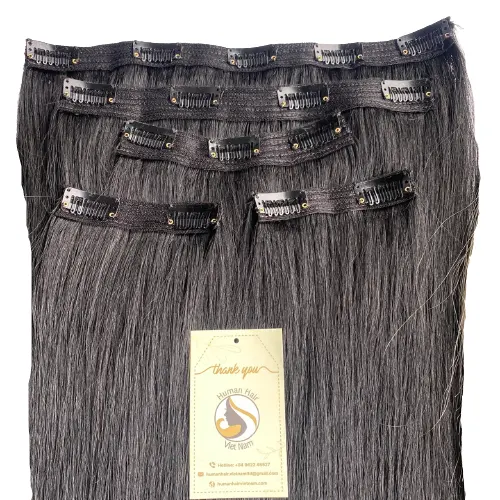 Nuevos productos 100% cruda vietnamita cabello humano brasileño peruano negro Natural virgen recta Remy Clip en la extensión del pelo