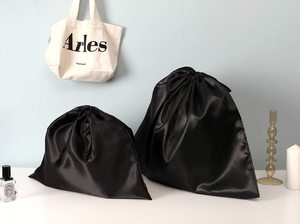 Custom Dust Drawstring Gift Packaging Bag Silk Satin Drawstring Pouch Black <strong>String</strong> Bags With Logo Printed - Product Image 3