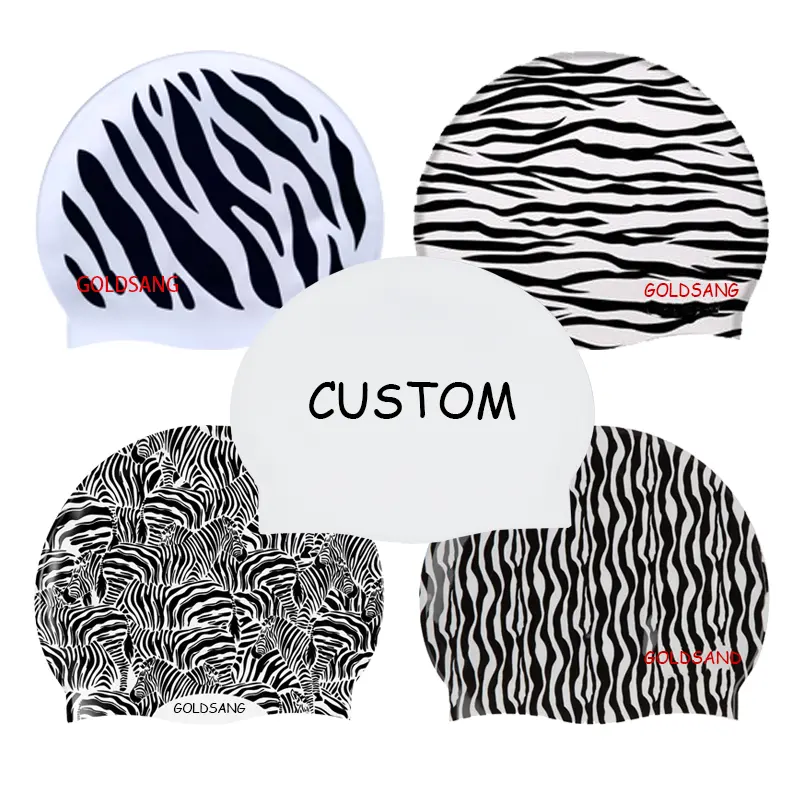 Gorro de natación con estampado de cebra y logotipo personalizado para adultos, gorro de natación de diseño personalizado impermeable de silicona 100%, gorro de natación para adultos para hombres y mujeres