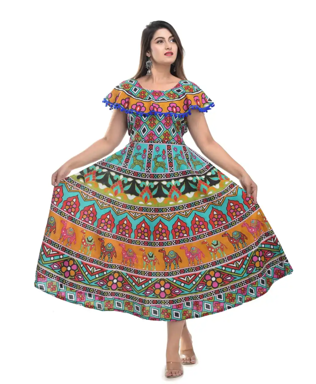 Indian Casual Wear Unique Design Printed Cotton Long Dress with Lace Work Neck Design for Women and Girls at Reasonable Price