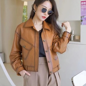本革ジャケットウィンターコート女性シープスキンショートカジュアルオールマッチショー薄い機関車小さなダム