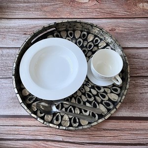 手工圆形上菜托盘高品质木骨镶嵌珍珠母家居装饰酒店使用优雅的食品上菜托盘 - Product Image 4