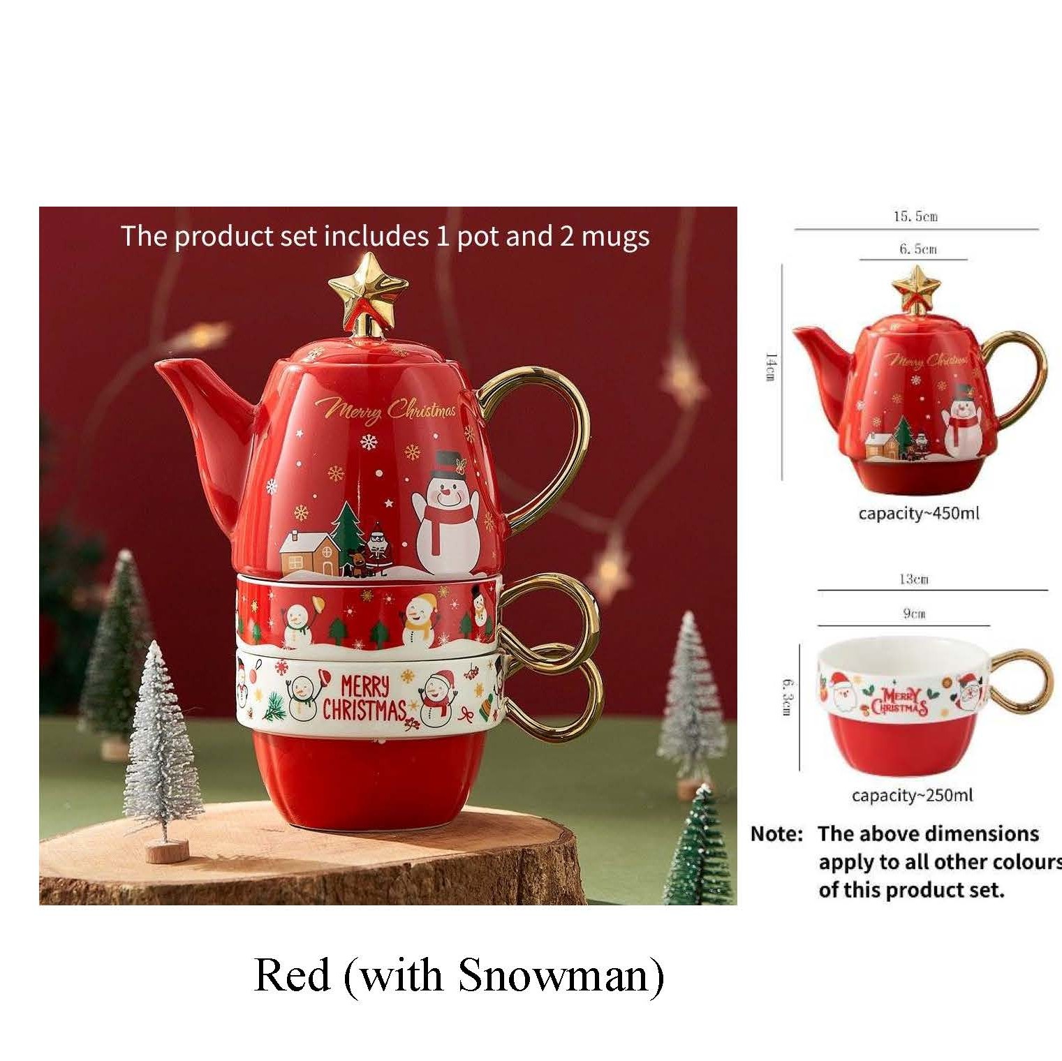 Rouge (avec bonhomme de neige) - pot + 2 tasses