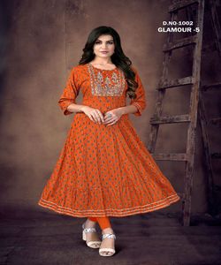 Regular Base Cotton Rayon Kurti with Embroidery Work &amp; Foil Printed Work Lowest Price <strong>Indian</strong> Ethnic Garment Apparelgarment - Product Image 5