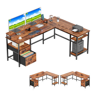 Mesa de ordenador en forma de L para oficina en casa con soporte para monitor de escritorio mesa de juegos con toma de corriente y cajón de archivos - Product Image 1