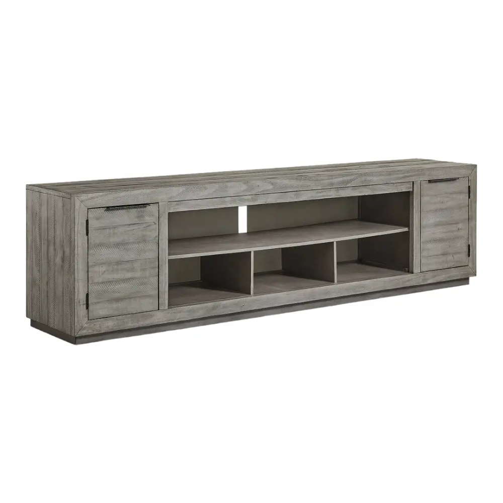 Gabinete de soporte de TV extra grande gris oscuro madera de teca maciza para muebles de sala de estar