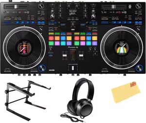 DDJ-REV7プロフェッショナル2チャンネルDJコントローラースクラッチスタイルオーディオコンソールミキサーブラックバンドルラップトップスタンドとヘッドフォン付き