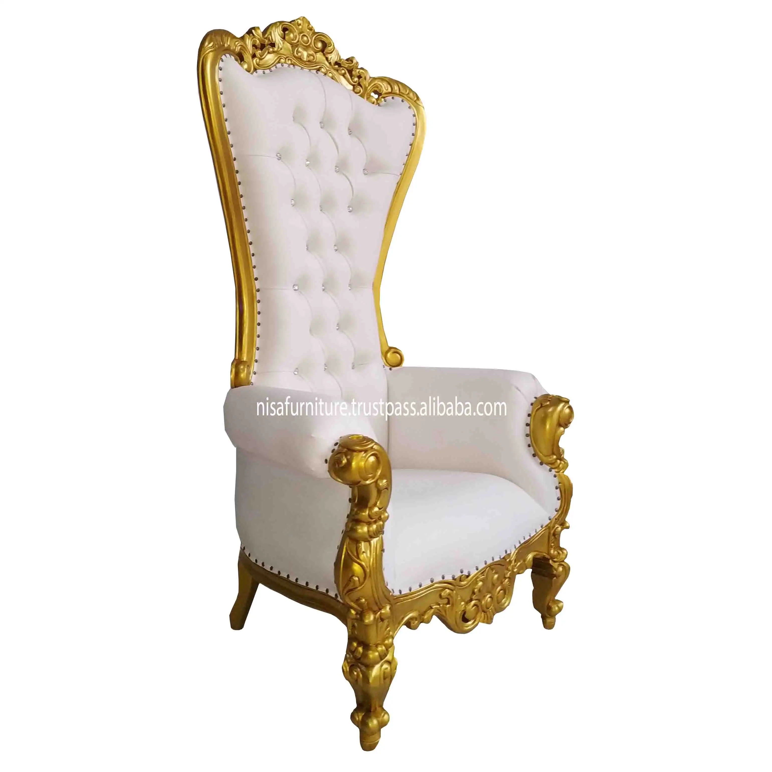 Sillas de madera king Throne para sala de estar, asientos de lujo de cuero sintético blanco crema, espalda alta