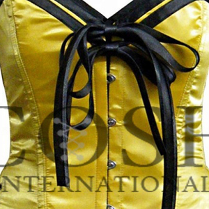 COSH CORSET New Style Overbust Steel Boned Waist Training Yellow Black Satin Corset With Front and Side Hip Ties - Product Image 6