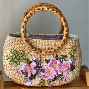 Wholesale Vietnam Factory Handmade 100% Natural Water Hyacinth Straw <strong>Bag</strong> Sea Grass Feminine With a <strong>Pretty</strong> Bow Ladies Hand <strong>Bags</strong>