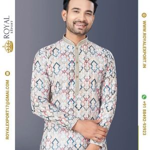 <strong>Designer</strong> Latest <strong>Kurta</strong> Round <strong>Neck</strong> Collar with Simple Sequence Work Mens <strong>Kurta</strong> Pajama Set Wholesale Cheap Rate Surat - Product Image 5