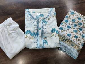 Güzel tamamen dikişli el bloğu baskı saf pamuk mavi ve beyaz Kurti pantolon ve Dupatta seti, nakış çalışmaları Kurti Plazo seti - Product Image 3