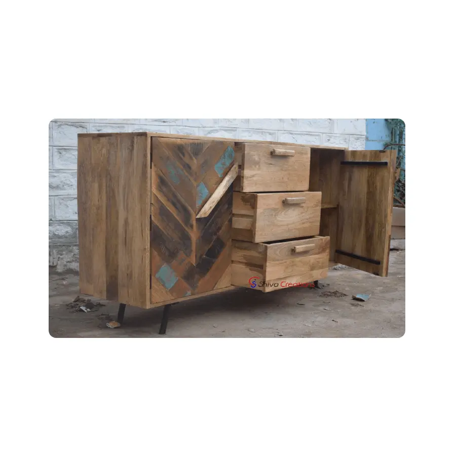 Low Price Antique Handmade Traditional Wooden Cabinet 3 Drawer 2 Doors with Metal Legs Industrial Furniture Indoor Furniture