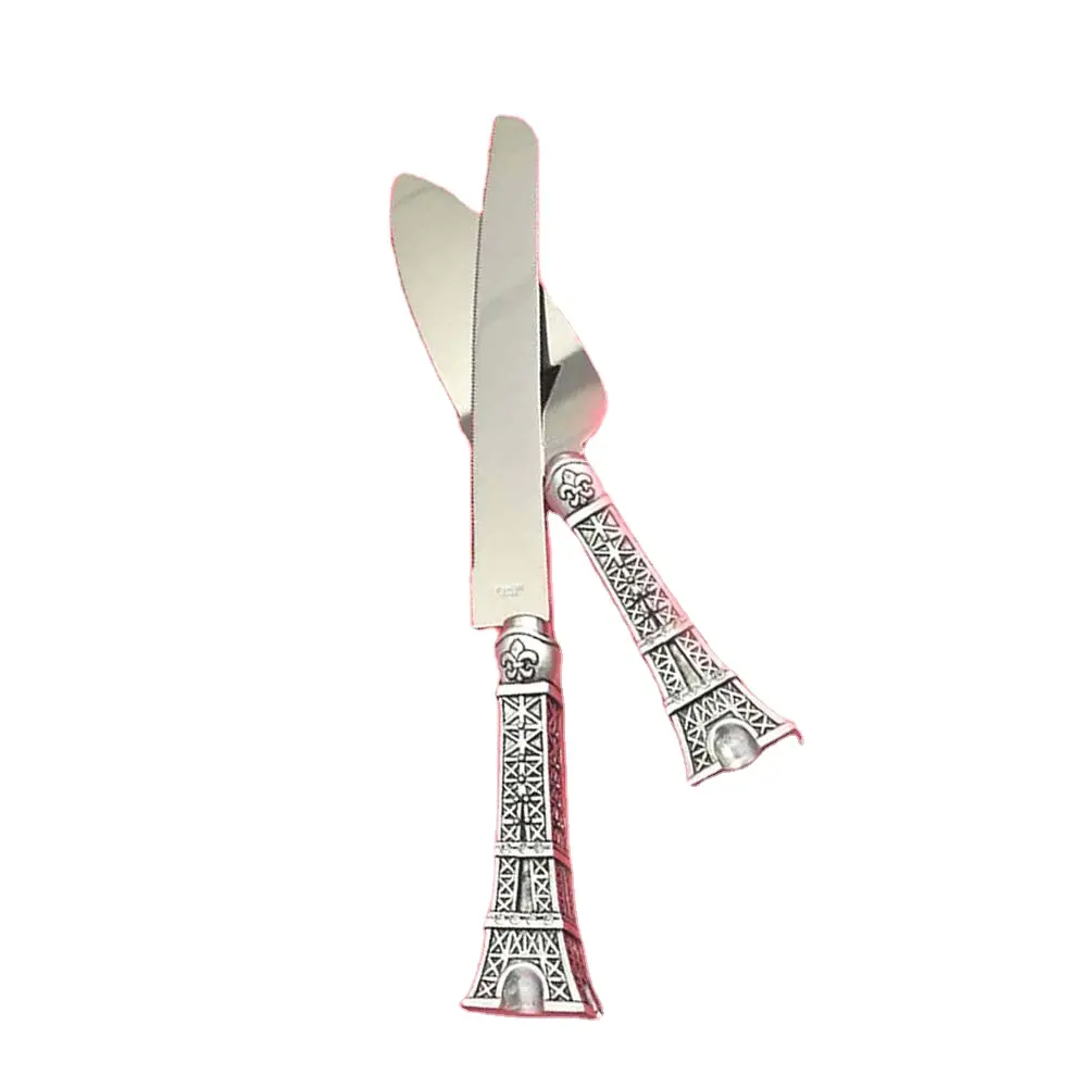 Vente chaude En Acier Inoxydable Tour Eiffel Poignée Gâteau Serveur et Couteau Ensemble avec Argent Plaqué Fini pour Restaurant Hôtel Partie